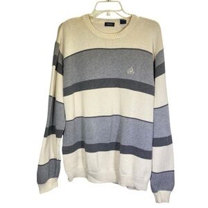 IZOD Vintage men's Large striped gray cream crew neck long sleeve knit sweater